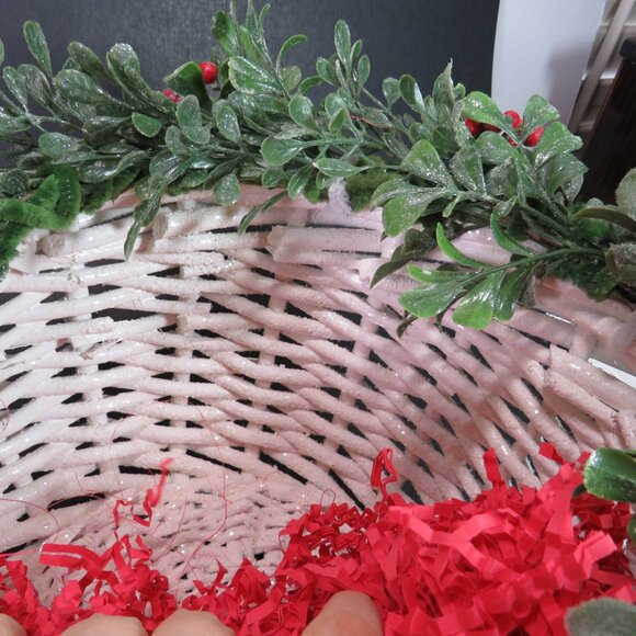 Snowy White Wicker (Strong) Basket w Holly Greenery (removable) - Picture 10 of 15